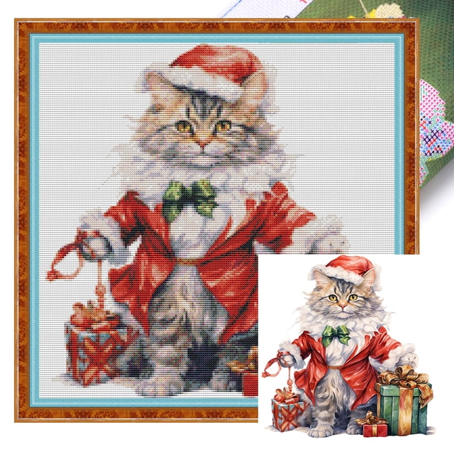 Hilo Algodón Bordado Punto Cruz Gatito Navidad Impreso 18 Quilates 30x30cm