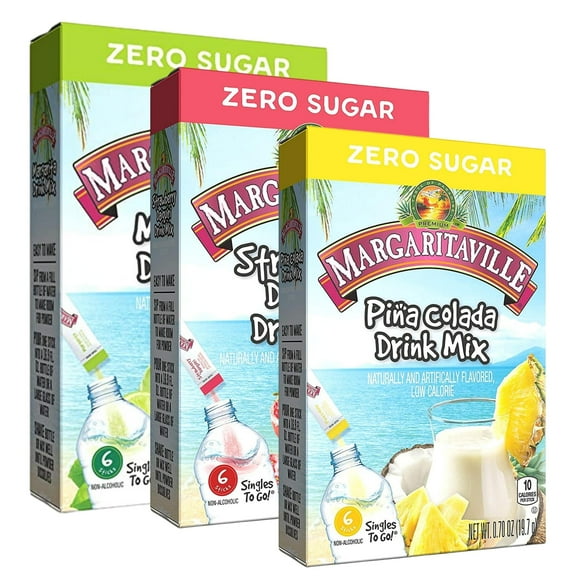 Margaritaville Singles To Go Drink Mix 1 Margarita 1 Pina Colada and 1 Strawberry Daiquiri Non-Alcoholic Powder Sticks Water Enhancer for Home Travel Picnic Outdoor Beverages 3 Boxes 18 Total Servings