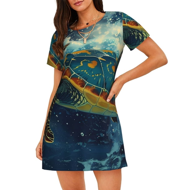 Balery Surfing Turtle Camisón de manga corta con cuello redondo para mujer, cómodo y elegante.