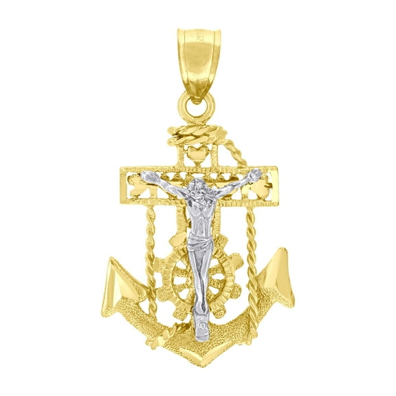 10k 10kt Two-tone Gold Unisex Diamond-cut Crucifix Anchor Cross Religious Charm Pendant Pendant Necklace for Men Women