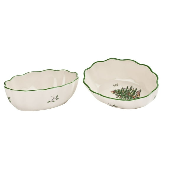Spode Christmas Tree 6" Oval Fluted Dish (Set of 2), Porcelain Decorative Holiday Serving Platter & Festive Appetizer Dish - Serving Roasted Vegetables, Snacks, Appetizers - Dishwasher Safe
