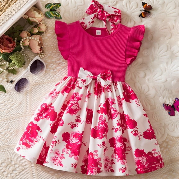 Ynynloco Girl' Summer Short Sleeve Ruffled Round Neck Lace Embroidery Dress Princess Bow Skirt Little Girls Dress