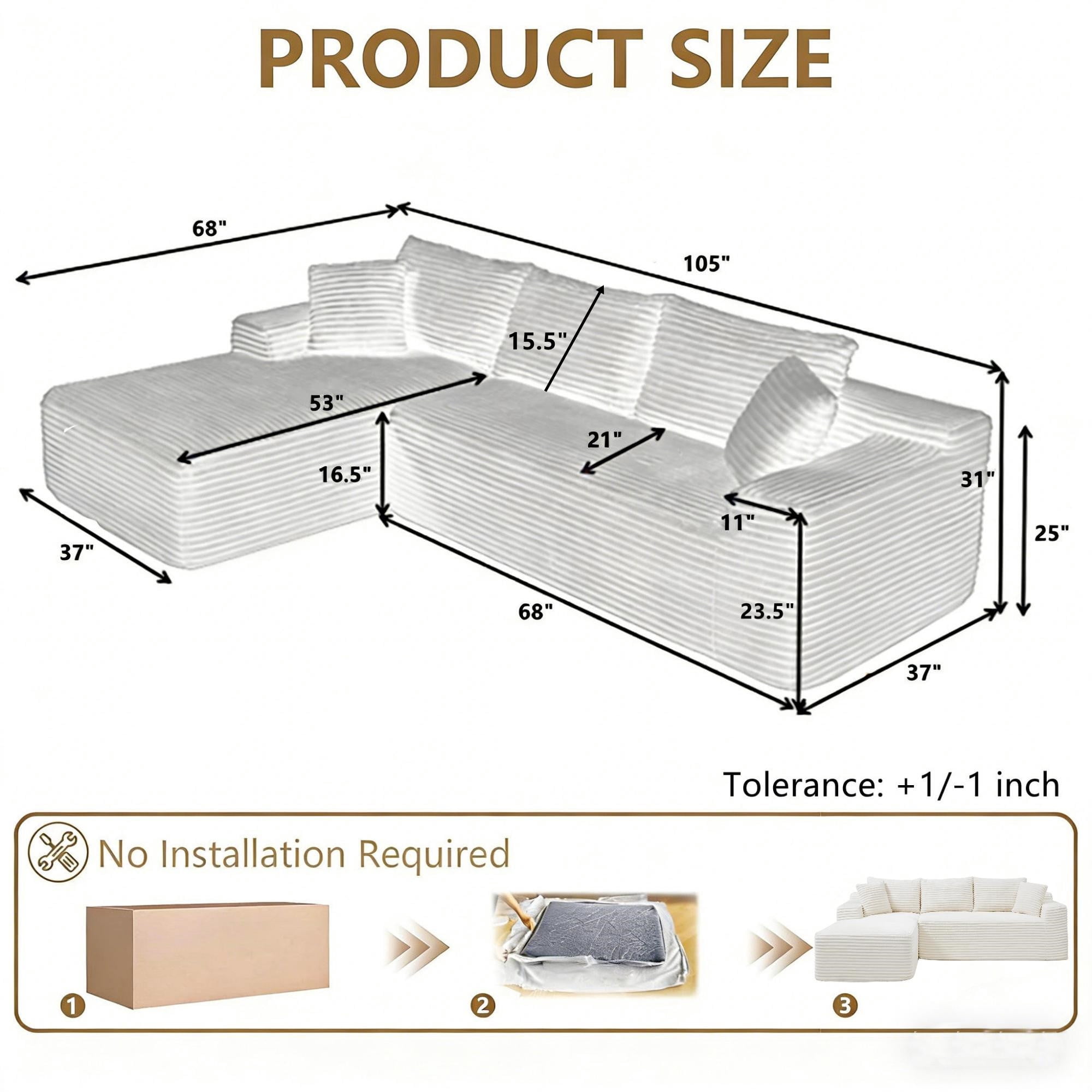Aukfa 105" Cloud Sectional Sofa Boneless Couch Modular Sofa Bed for Living Room, 2Pillows, Left Chiase, Corduroy, Beige