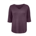 thumbnail image 6 of ManxiVoo Womens Brushed Striped V Neck Tee Shirt Artistic Retro Inspired Three Quarter Sleeve Top XL Size Purple, 6 of 7