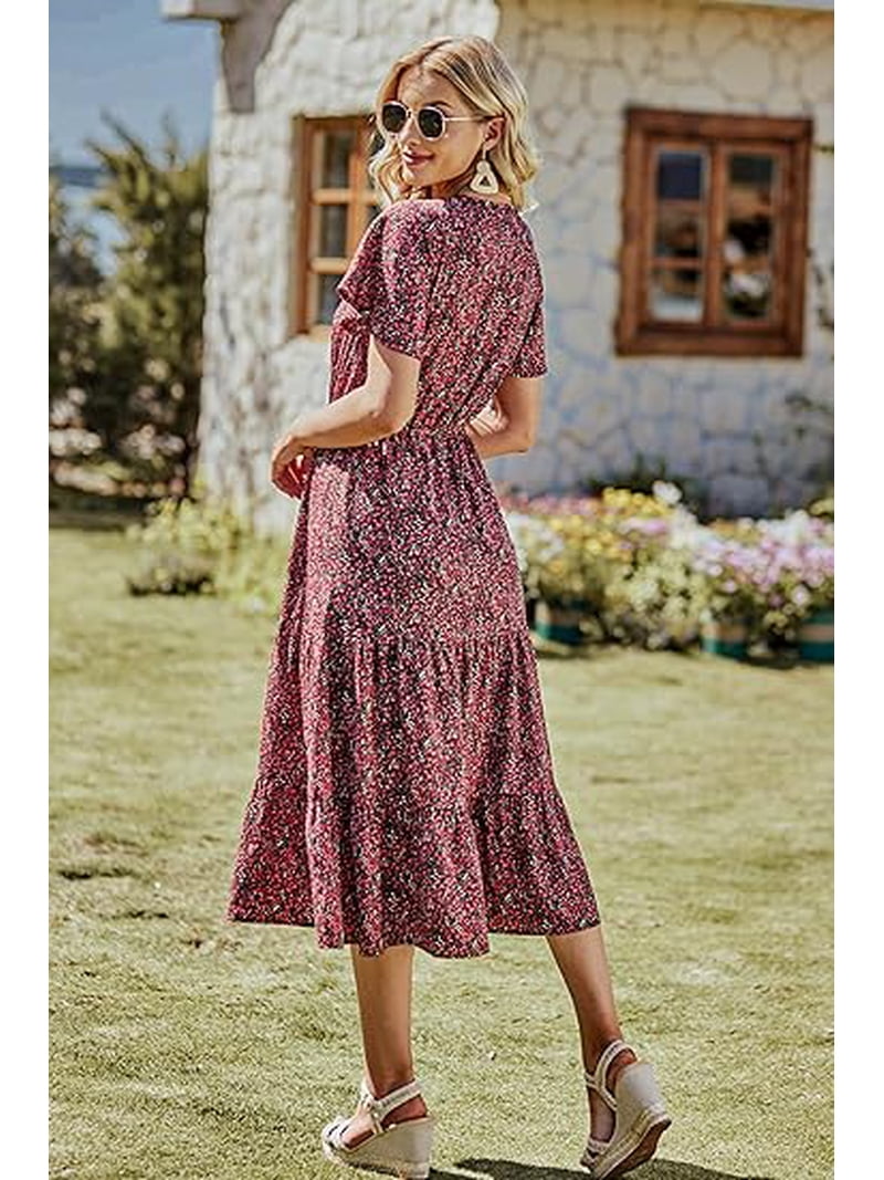 short sleeve boho dress Women's Bohemian V Neck Printed Tribal Dresses The eye Women's Plus Size Floral Print