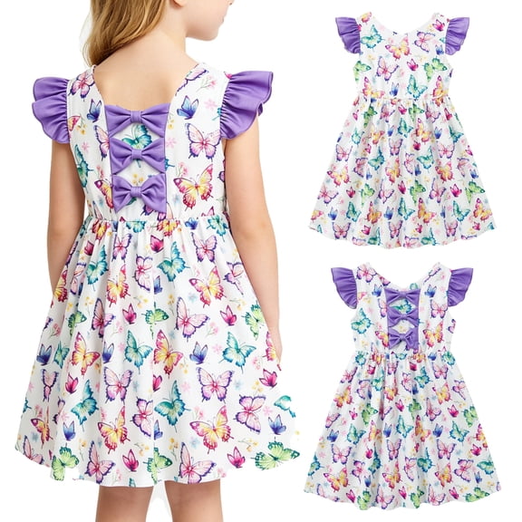 Lanbubble Toddler Girl Dresses Back Bowknot Butterfly Ruffled Sleeve Dress Casual Sundress 5-6 Years