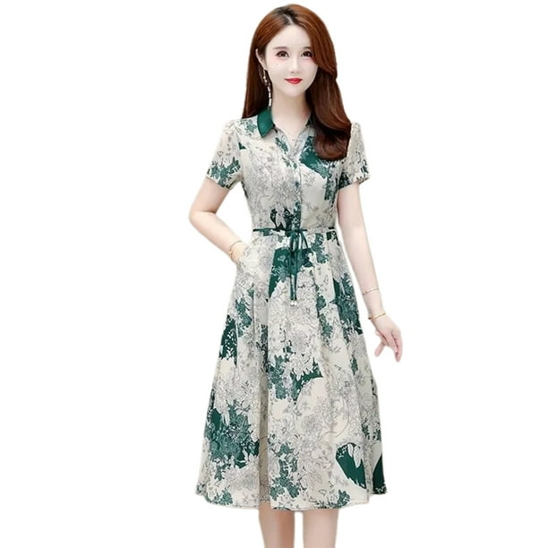 Women Short Sleeves Dress Fashion V Neck Summer Sweet Floral Printing Dress  High Waist Lace-up A-line Skirt 