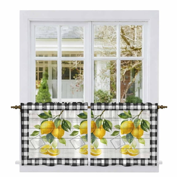 Yellow Lemon Tier Curtains 24 Inch Length, Summer Botanical Black White Checkered Wooden Cafe Short Curtains for Bathroom Over Sink, Small Kitchen Curtain Light Filtering Drapes 2 Panels 27.5"Wx24"L
