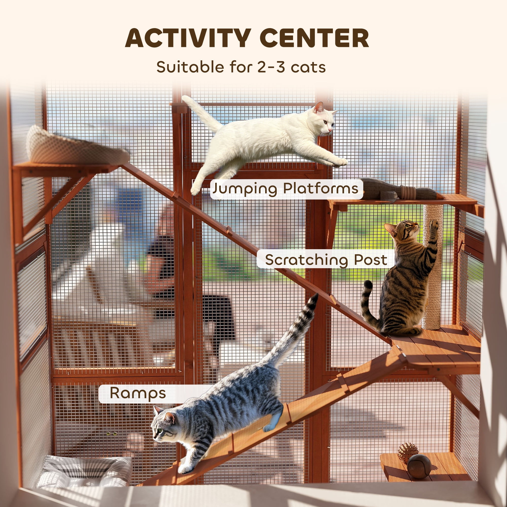 PawHut Outdoor Catio Cat Enclosure, Large Wooden Cat House with 6 Jumping Platforms, Scratching Post, 2 Ramps, Waterproof Roof, for 2-3 Kittens