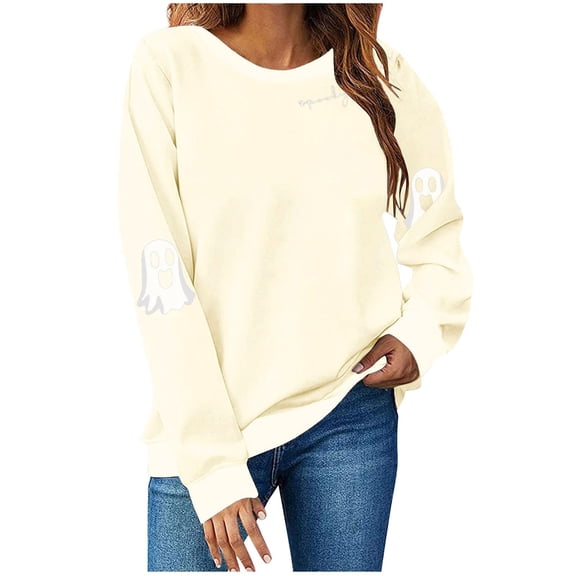 GILIGEGE Spooky Season Sweatshirts for Women,Cute Ghost Sleeve Crewneck Pullover Halloween Sweatshirt,Vintage Salem Witch Graphic Pullover,Casual Long Sleeve Tops,fall fashion must haves Beige L