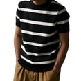 thumbnail image 2 of Men's Casual Knitted Stripe Short Sleeve Shirt Tee, Breathable Crewneck Soft Summer T-Shirt Tops, Beach Vacation Holiday Style Travel Outfits Essentials Gifts for Him | JASKFLY,Black L, 2 of 5