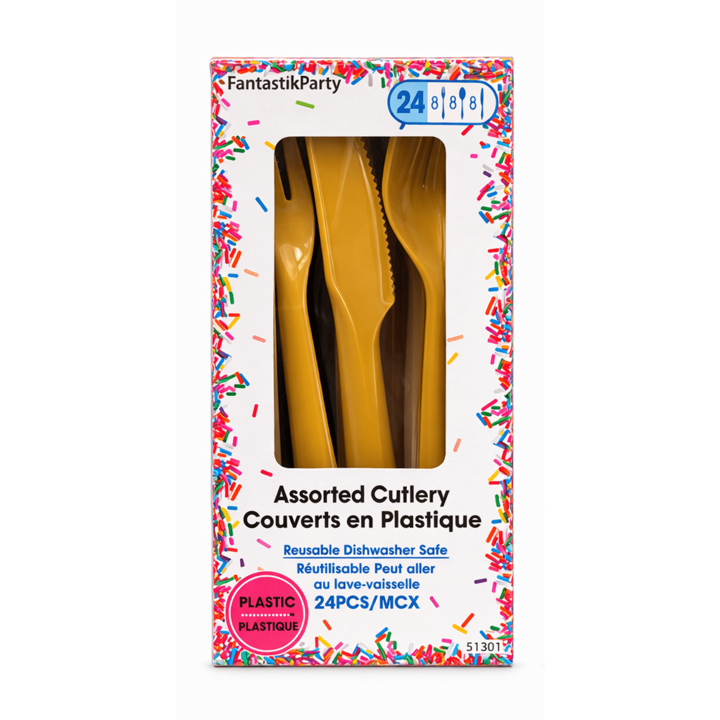 Fantastik Party Ensemble de couverts en plastique doré, 24 pièces