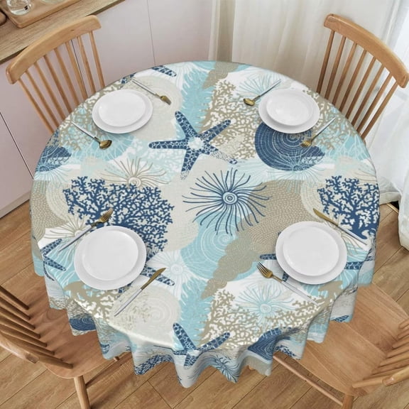 Verolix Coastal Round Tablecloth 60 Inch, Ocean Theme Starfish Shell Table Cover for Dining Table Kitchen Decor Indoor Outdoor