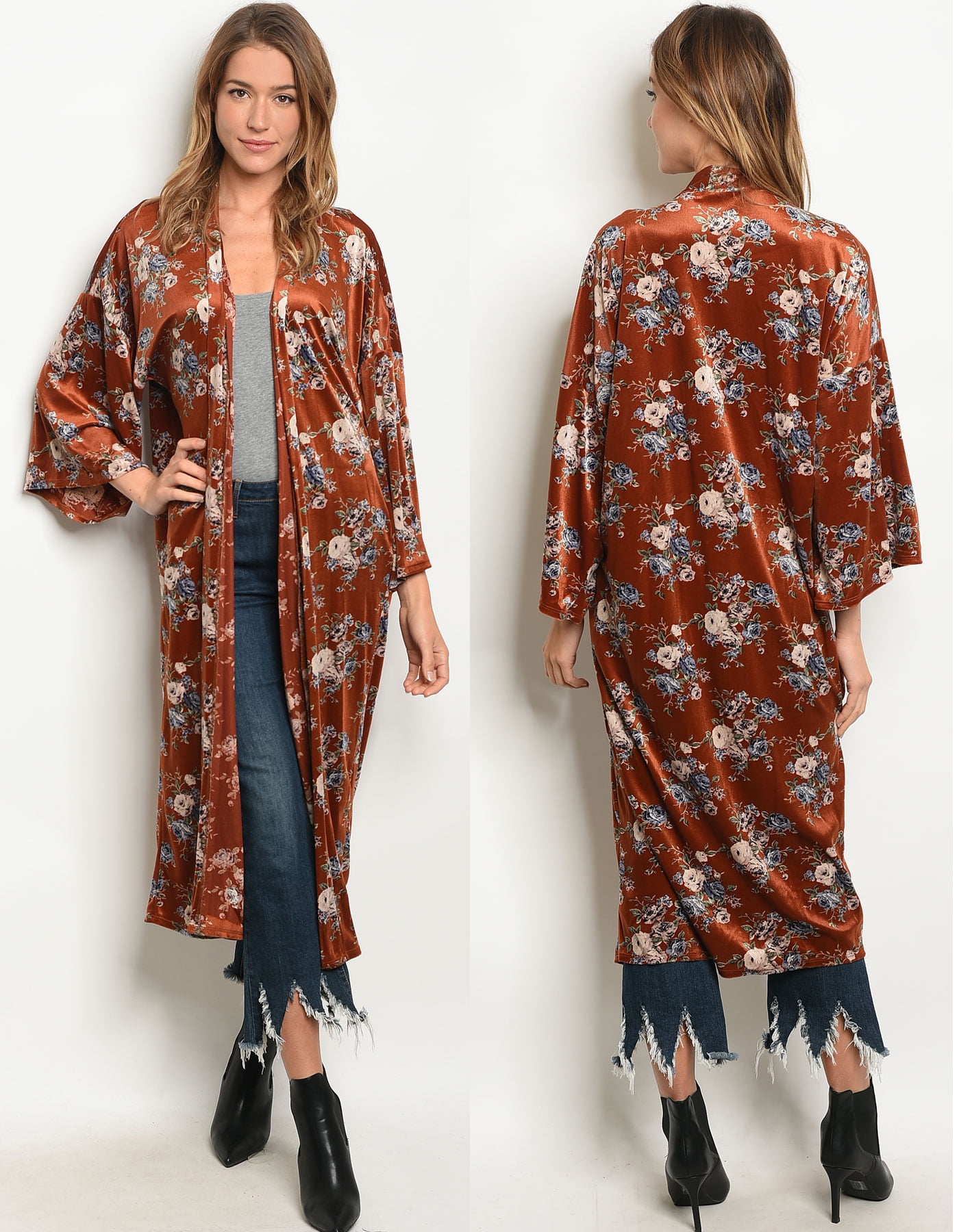 JED FASHION Women's Rose Print Velvet Maxi Kimono Cardigan - Walmart.com