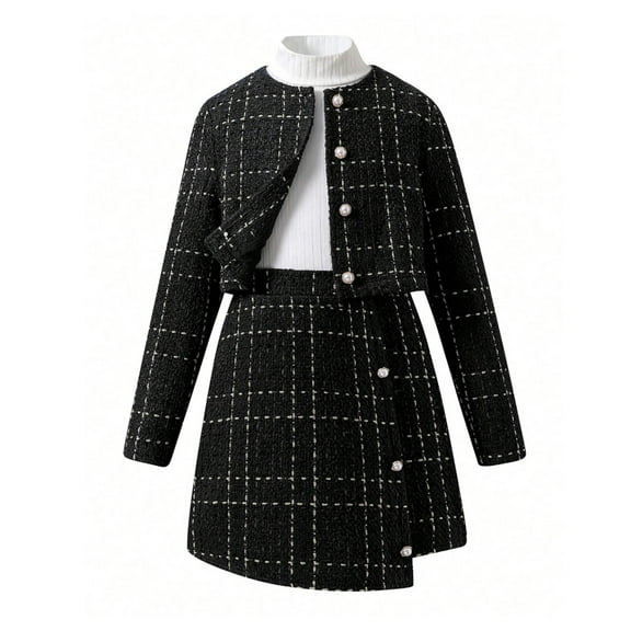 Povozer Toddler Girl Outfits Long Sleeve Tops Skirt Jacket Fall Winter Clothes Set(Black,9-10Y)