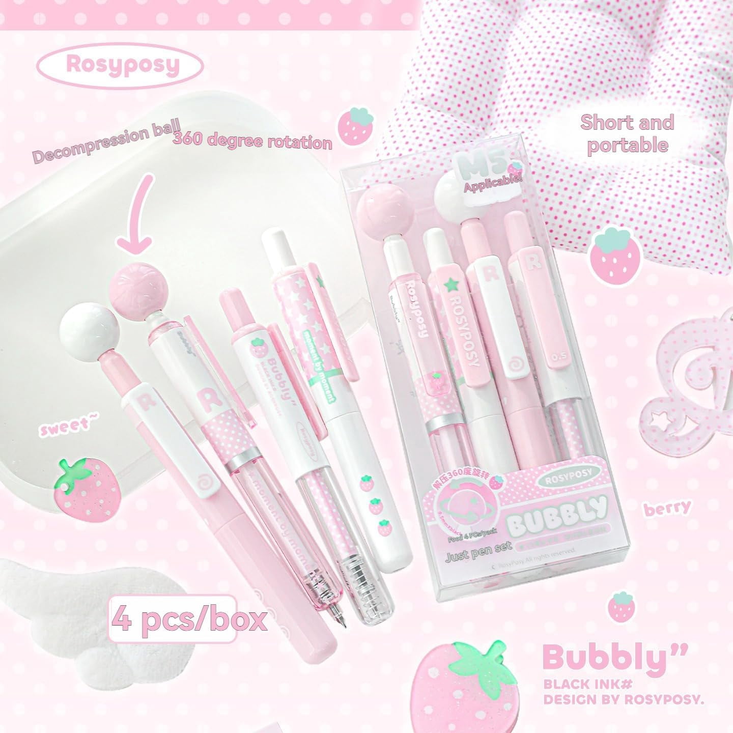 Rosy Posy Pencil Case, Kawaii Pencil Case With Rosy Posy Pens, Counting Stars PencilCase Big Capacity, Cute Aesthetic Pouch Holder Drawstring Pen Case