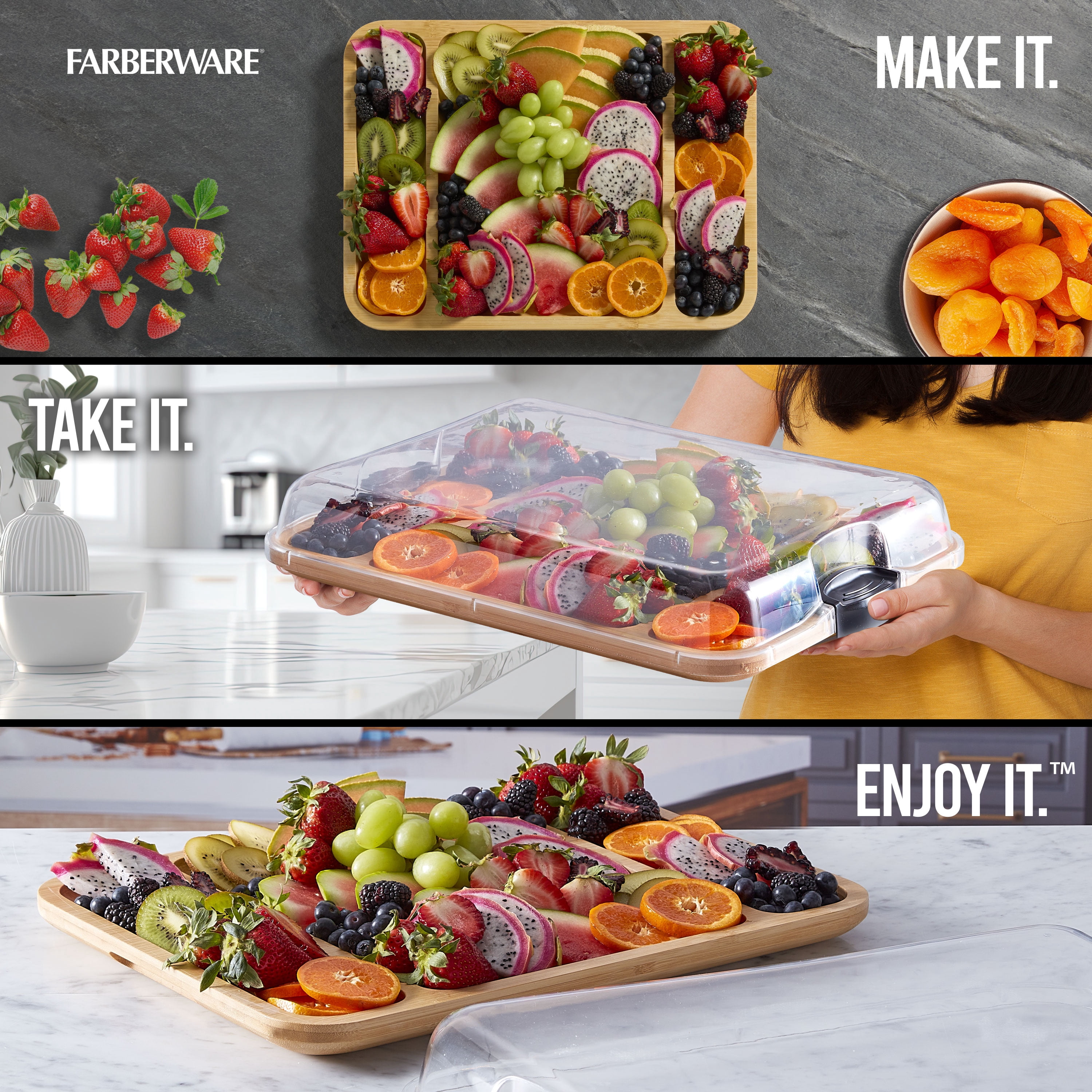 Farberware Build-a-Board 12x16-Inch Bamboo Charcuterie and Snack Board with 3 Compartments and Clear Locking Lid