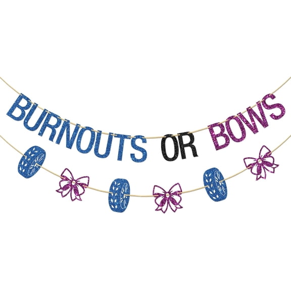 Blue Black Purple Glitter Burnouts Or Bows Banner with Tire & Bow Cutouts, Gender Reveal Baby Shower Party Supplies