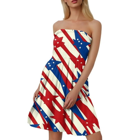 CHCNHAC Sundresses for Women 2025 Independence Day Flattering Dresses Patriotic American Flag Graphic Flowy Swing Strapless Prom Dress Red 2XL