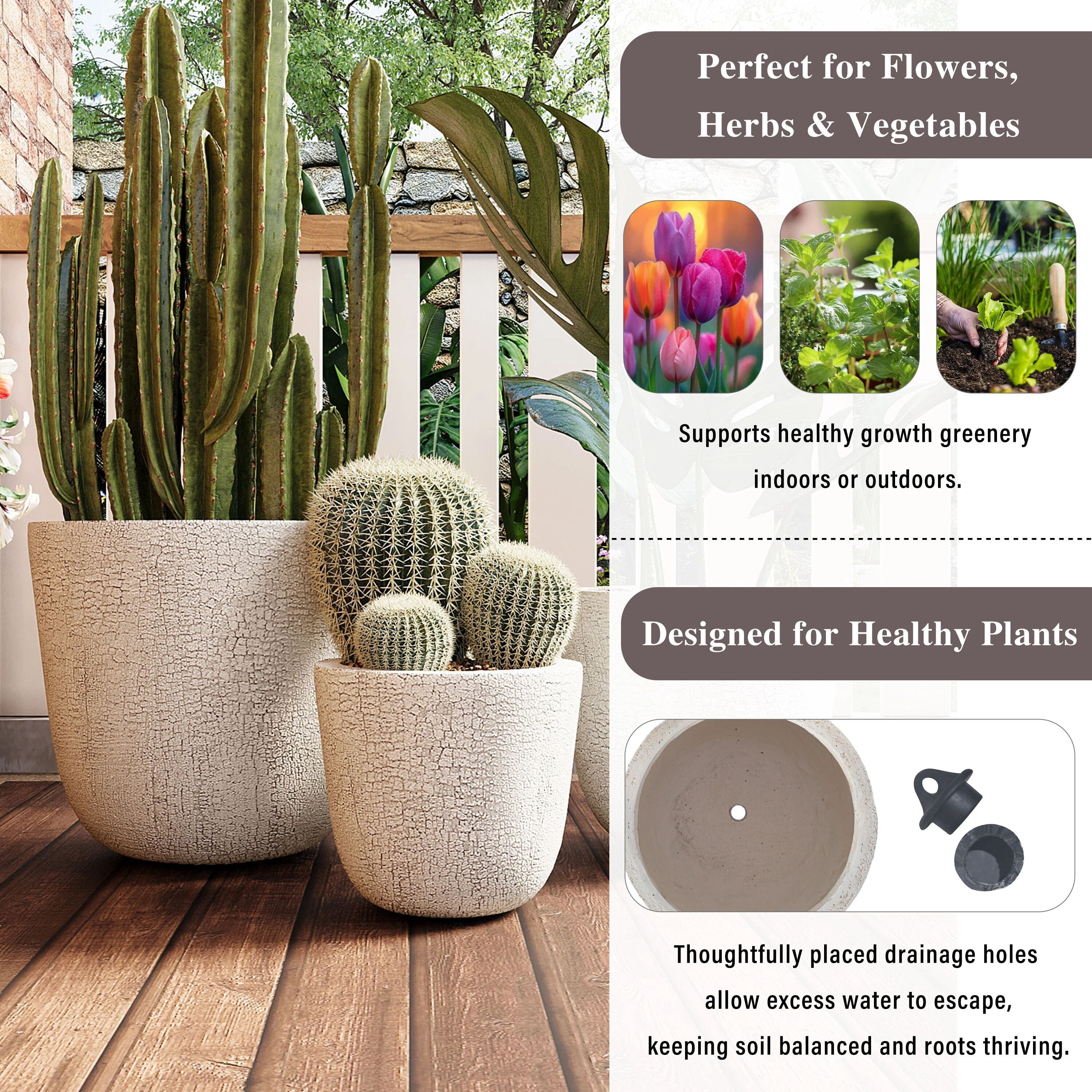 Euroco Large Concrete Planter Set of 3, 16.93"+13.78"+11.02" Dia Round Stackable Flower Pots with Drainage Holes and Rubber Plug,Modern Decorative Pots for Patio Garden Balcony Indoor Outdoor