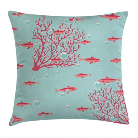 Coral Throw Pillow Cushion Cover Aquatic Pattern With Little Cute