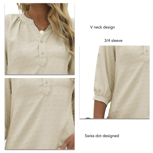 Blusas con cuello en v de verano camisas con botones casuales para mujeres tops de puntos camisetas con botones para mujeres blusas de manga 3/4 con cuello en V de verano para ANGGREK Otros