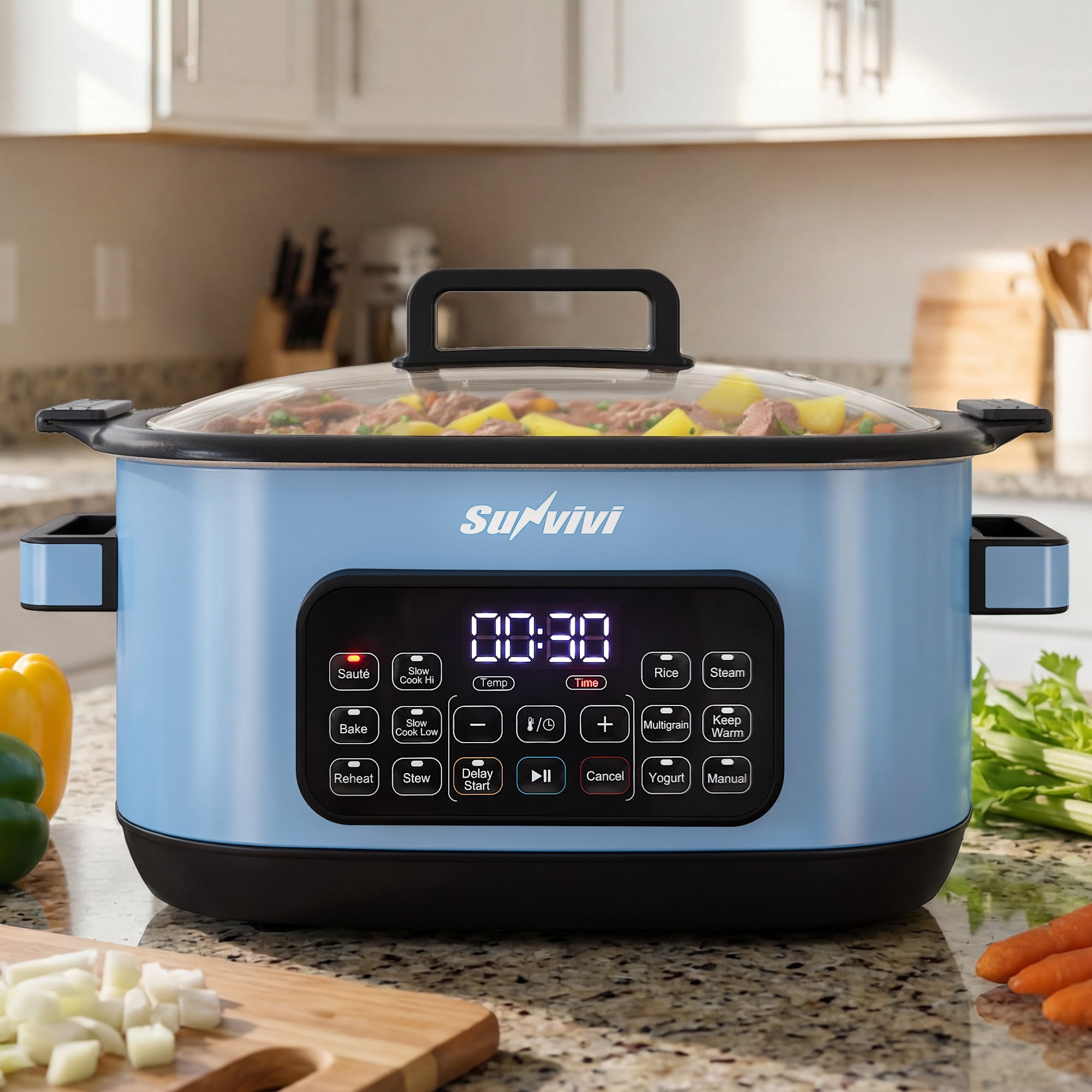 Sunvivi 12-in-1 Digital Programmable Slow Cooker, 6.5 QT Large Multicooker, Multi-Cooker with Timer, Temp Control, Blue