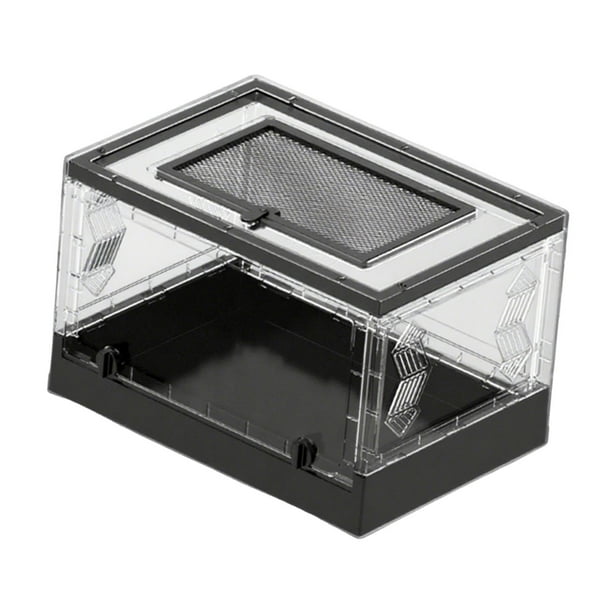 Tanque de reptiles plegable transparente con panel superior de malla para hábitat de lagartos y doble acceso para cría. Negro