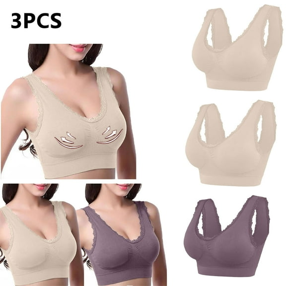 WREESH 3 Pack Support Bra Adaptive Bra Women Lace Splicing Glossy Comfortable Breathable Bra Underwear No Underwire Bras Underwear Beige