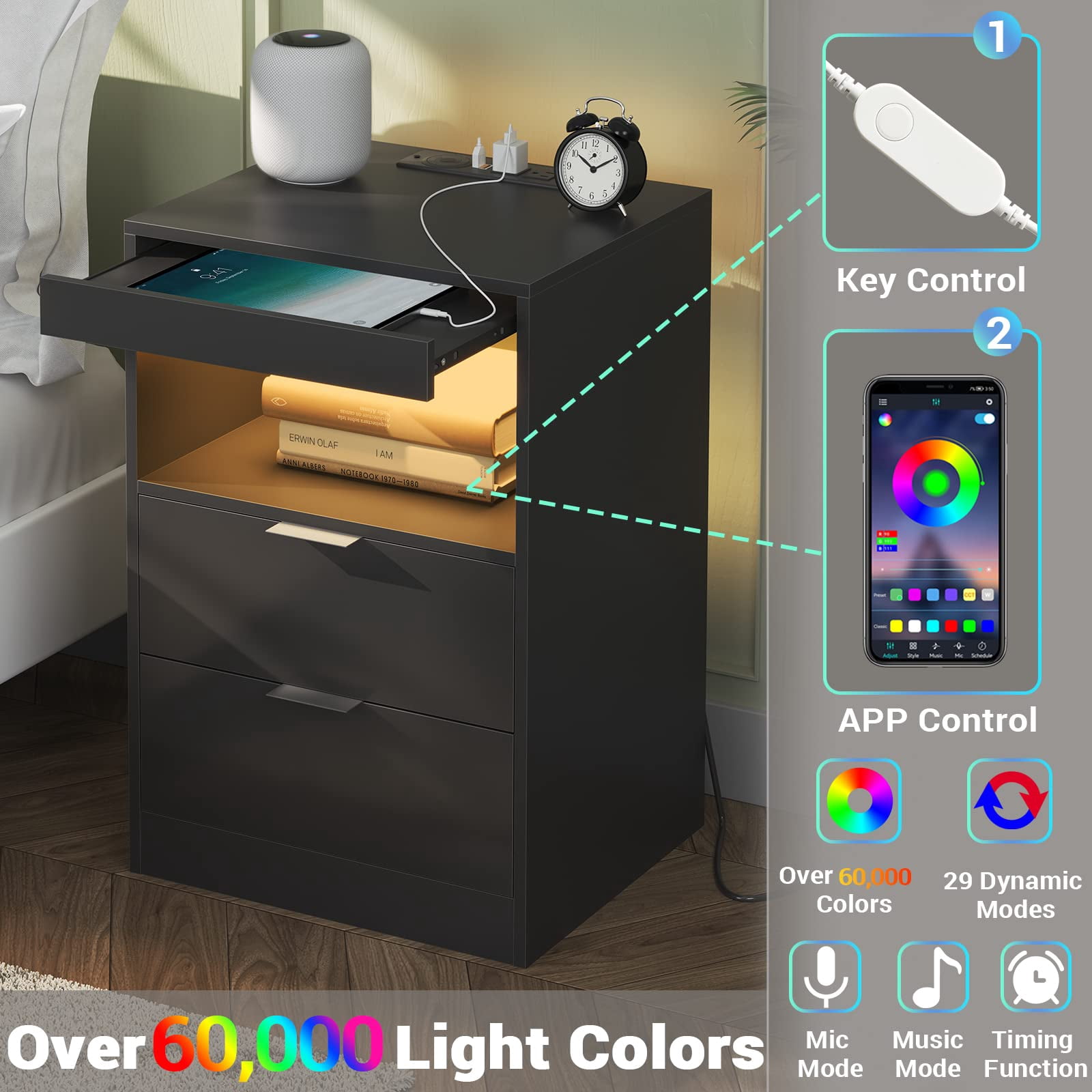 Afuhokles Nightstand with Wireless Charging Station Set of 2, LED Bedside Table with with 2 Drawers, Black