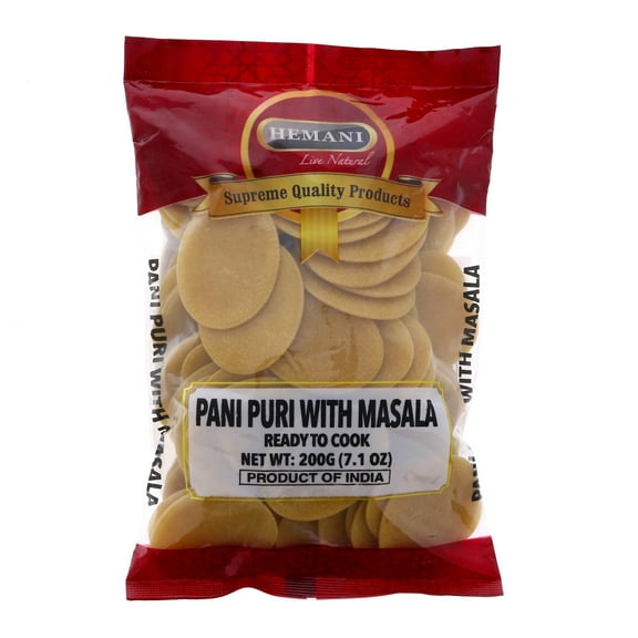 HEMANI Pani Puri Coins I Comes with Masala I Microwaveable I Ready to Cook Poori - 200g (7.1 oz) - All Natural I Vegan I Non-GMO - Indian Origin