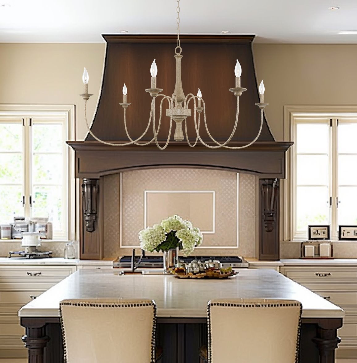 Kira Home Sherbrooke 44" French Country Chandelier, Distressed Wood Grain Metal Candle Chandelier, Smoked Cedar Wood