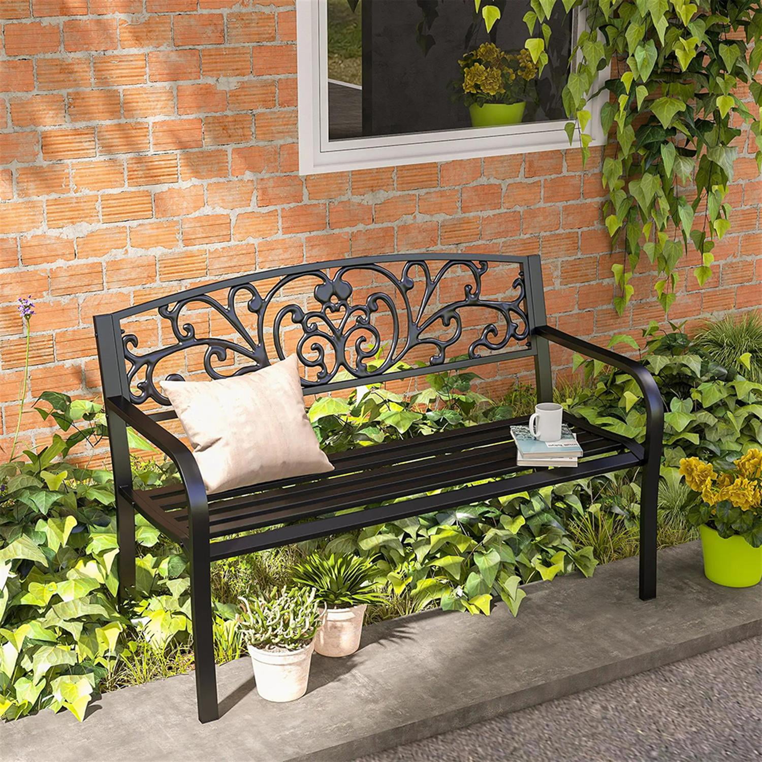 Demi Bonn Patio Garden Bench Metal Park Bench, Outdoor Benches Furniture with Floral Pattern Backrest & Slatted Seat for Patio, Park, Lawn, Yard, Black