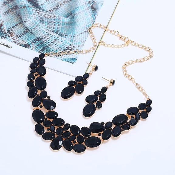 Oval Alloy Glass Stud Earrings Bib Necklaces Sets for Women Black 500mm