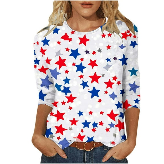 VEKDONE Women's Independence Day Shirts 3/4 Length Sleeve Crewneck Tunic Tops Fashion Stars Stripes Graphic Tees July 4th Patriotic Blouse Red M