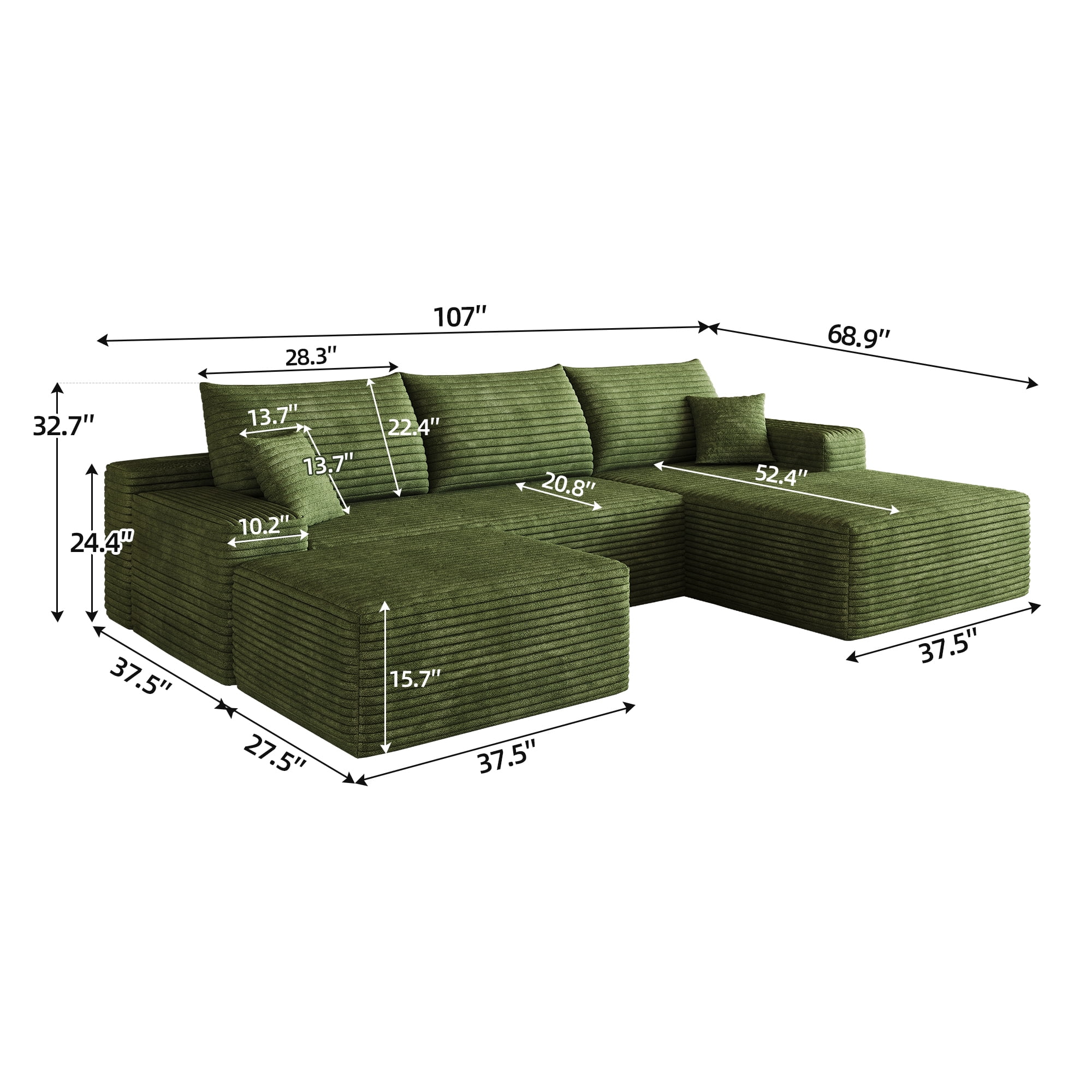 Cloud Sectional Sofa 107 Inch, U-Shaped Modular Couch with Ottoman and Corduroy Fabric, Deep Seat Corner Sofa for Living Room, No Assembly Required, Green
