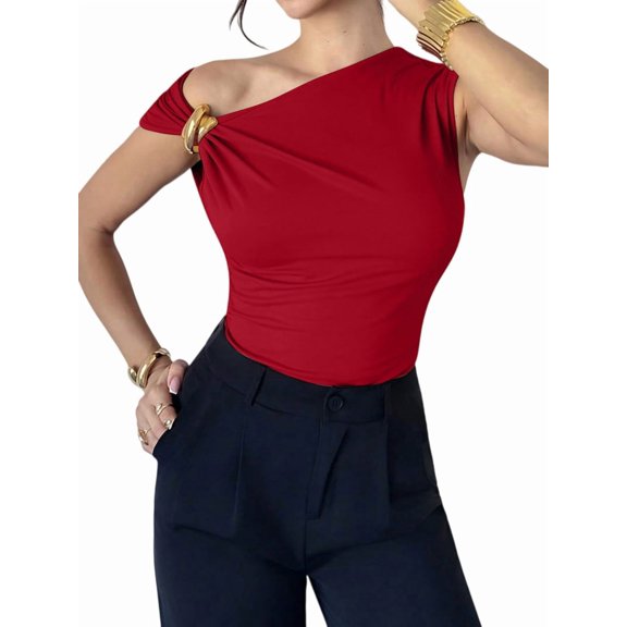 Women'S Off the Shoulder Tops Mental Elegant Asymmetrical Dressy Top Going Out Outfits Red S