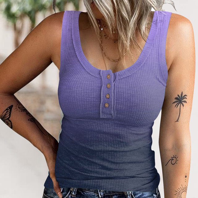 Haut Sans Manches Côtelé pour Femmes, Camisole Basique à Boutons Col Rond Décontracté Extensible pour Quotidien Dégradé Bleu, Dégradé Rose, Dégradé Rouge, Dégradé Violet, Rose Bleu, Noir Blanc