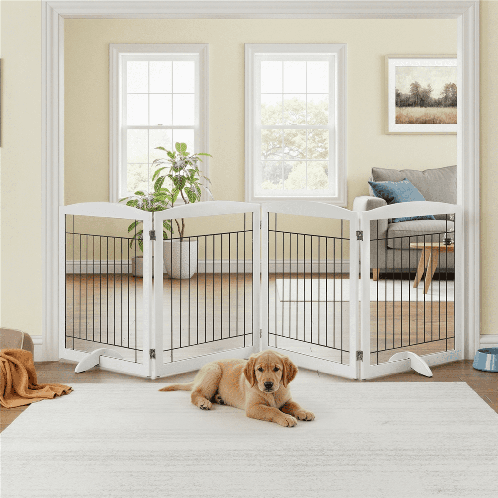 Yaheetech 31" H Dog Gate 4-Panel Pet Gate Indoor with 2 Support Feet for Dogs, White