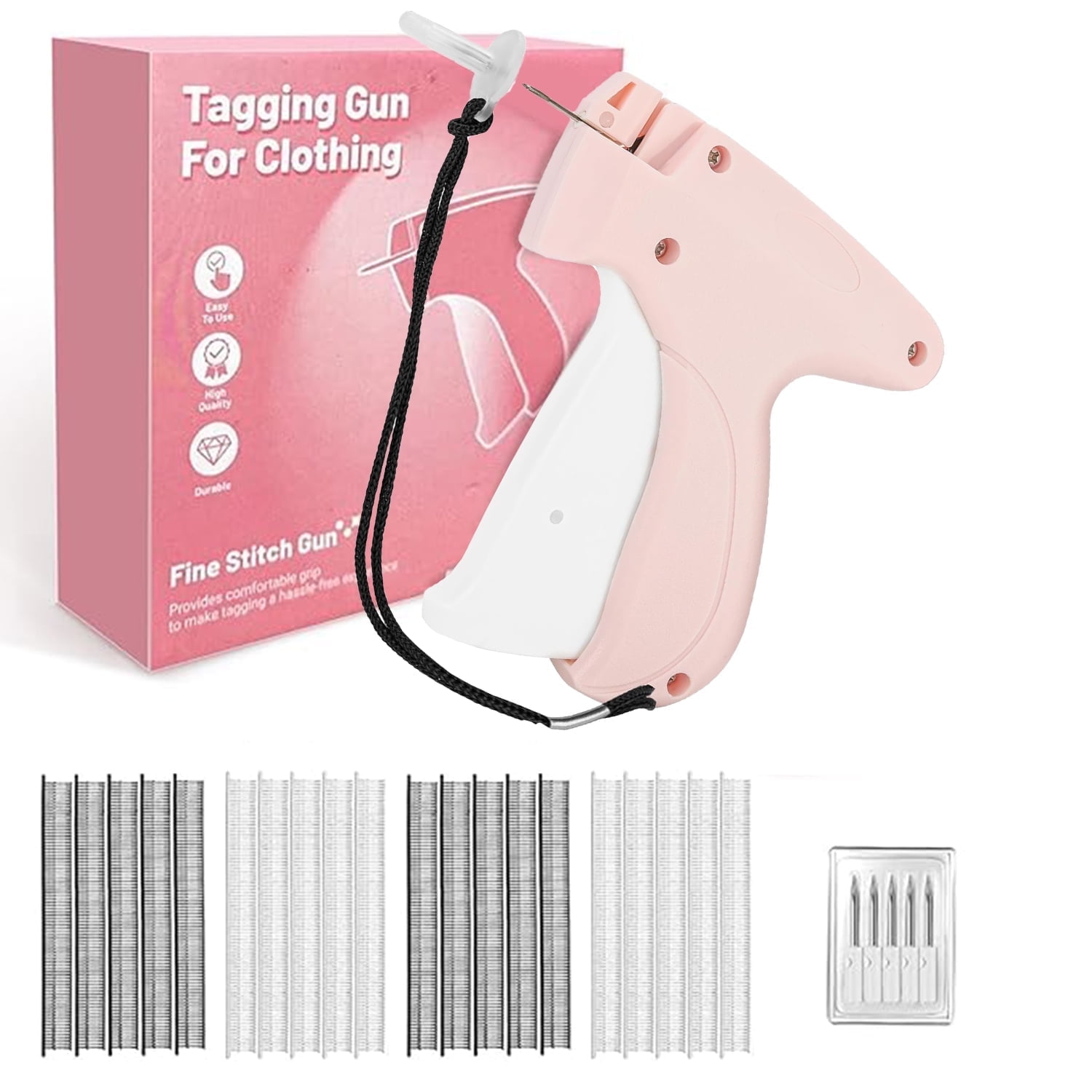Behome Stitch Gun for Clothes, Mini Stitch Gun for Clothing Quick Fixes,Portable Tagging Gun with 6 Fine Needle, 1000 Black Fasteners & 1000 White Fasteners,Pink White