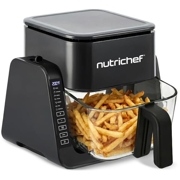 NutriChef 4QT Air Fryer & Grill Combo, 7 Preset Cook Modes, Transparent Glass Fry Bowl, 1.2QT Grill, Black
