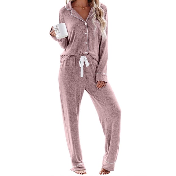 Aamikast Women's Two-piece Classic knit Pajama Sets Long Sleeve Button Down Sleepwear (S, Pink)