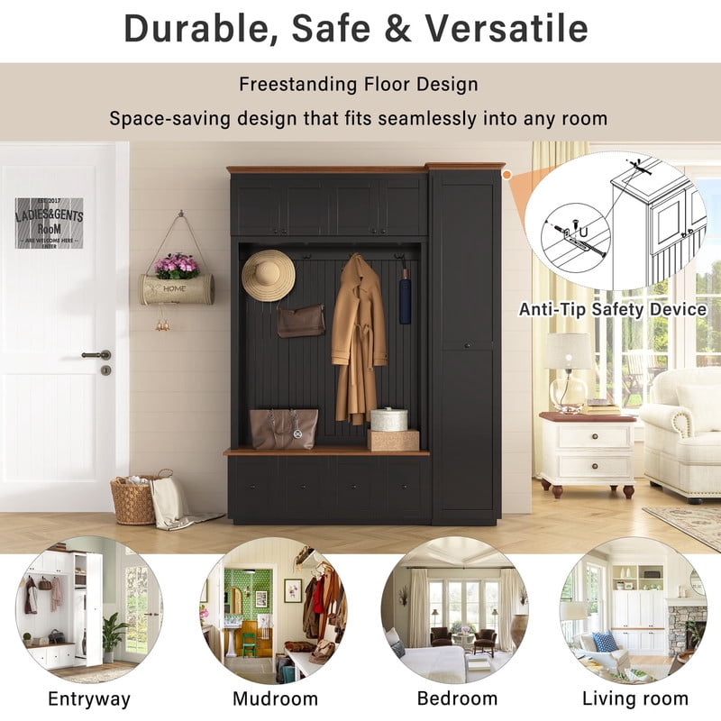 Farmhouse 5-in-1 Hall Tree with Pull-out Side Cabinet, Entryway Bench with 4 Drawers, Modern Coat Rack with Cabinets and Hooks for Mudroom