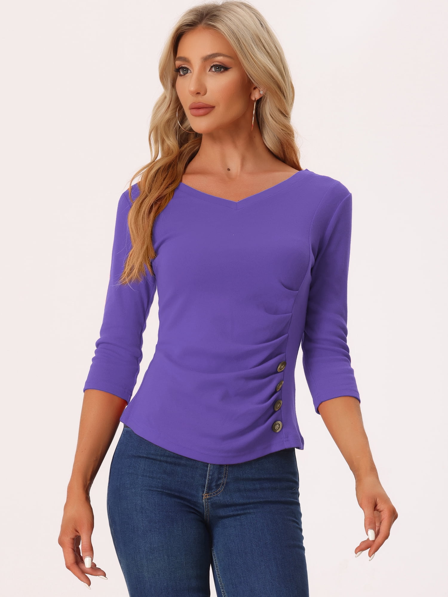 DARING DIVA V Neck Knitted Buttons Decor Ruched Blouse Top L Violet