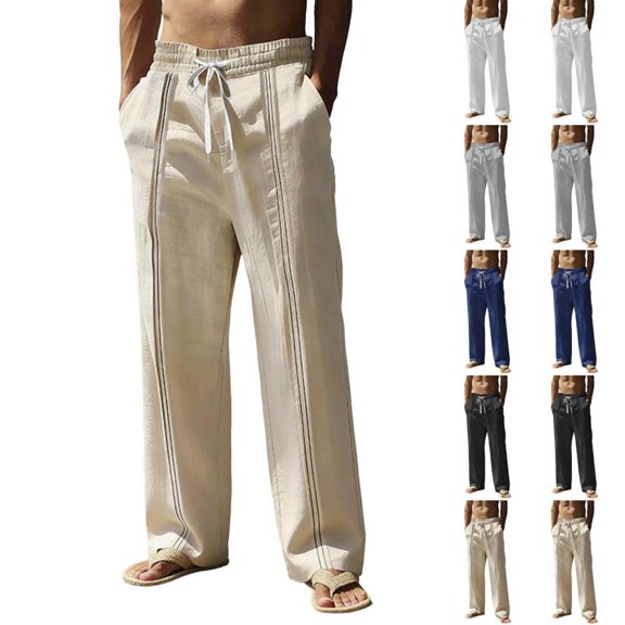 BXSRUTA Men's Casual Linen Pants With Pockets Elastic Waist Drawstring Straight Leg Breathable Summer Trousers
