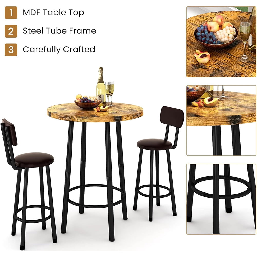 LinkRomat Dining Table Set for 2, Farmhouse Round Kitchen Table with 2 PU Leather Upholstered Stools, Dinette Set for Small Space for Dining Room