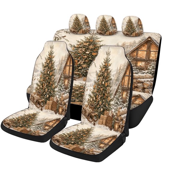 Taplevy Christmas Natural Wood Tree Cabin Full Car Seat Covers 5-Piece Set Made with Mesh Fabric, Universal Fit Protectors for Sedans SUVs Vans Pickup Trucks, Nordic Vehicle Interior Accessories
