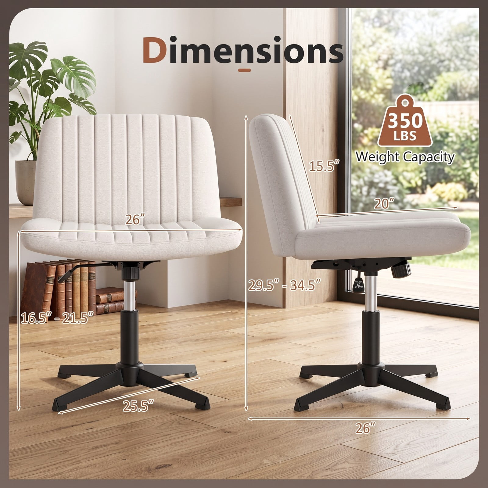 Furnibear Criss Cross Swivel Desk Chair No Wheels, Wide Armless Home Office Task Chair with Linen Upholstery, Height Adjustable Rocking Cross-Legged Accent, Beige