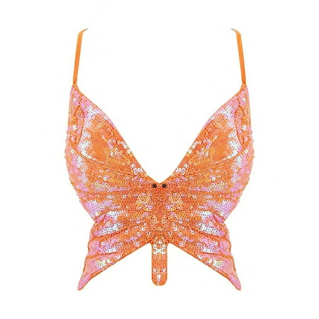 

Shiusina Women s Sparkly Sequin Crop Top Bandage Bra Belly Dance Vest Tank Costume Outfits Orange + One size