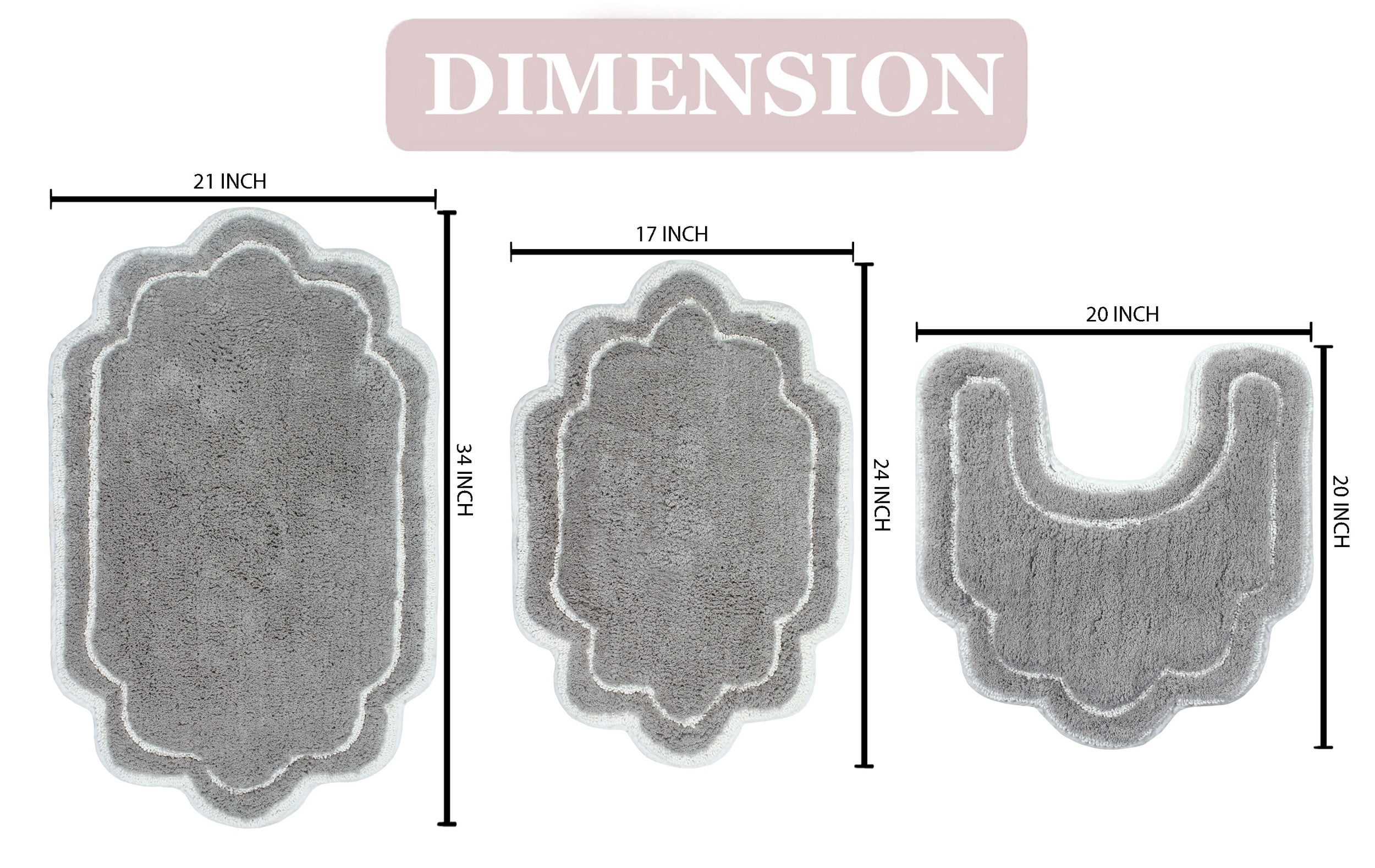 Home Weavers Allure Collection 100% Cotton Non-Slip Bathroom Rug Set Machine Washable Bathroom Rug-17"x24", Bath Rug- 21"x34", U Shaped Contour- 20"x20", Gray Color 3 Piece Bath Rug set